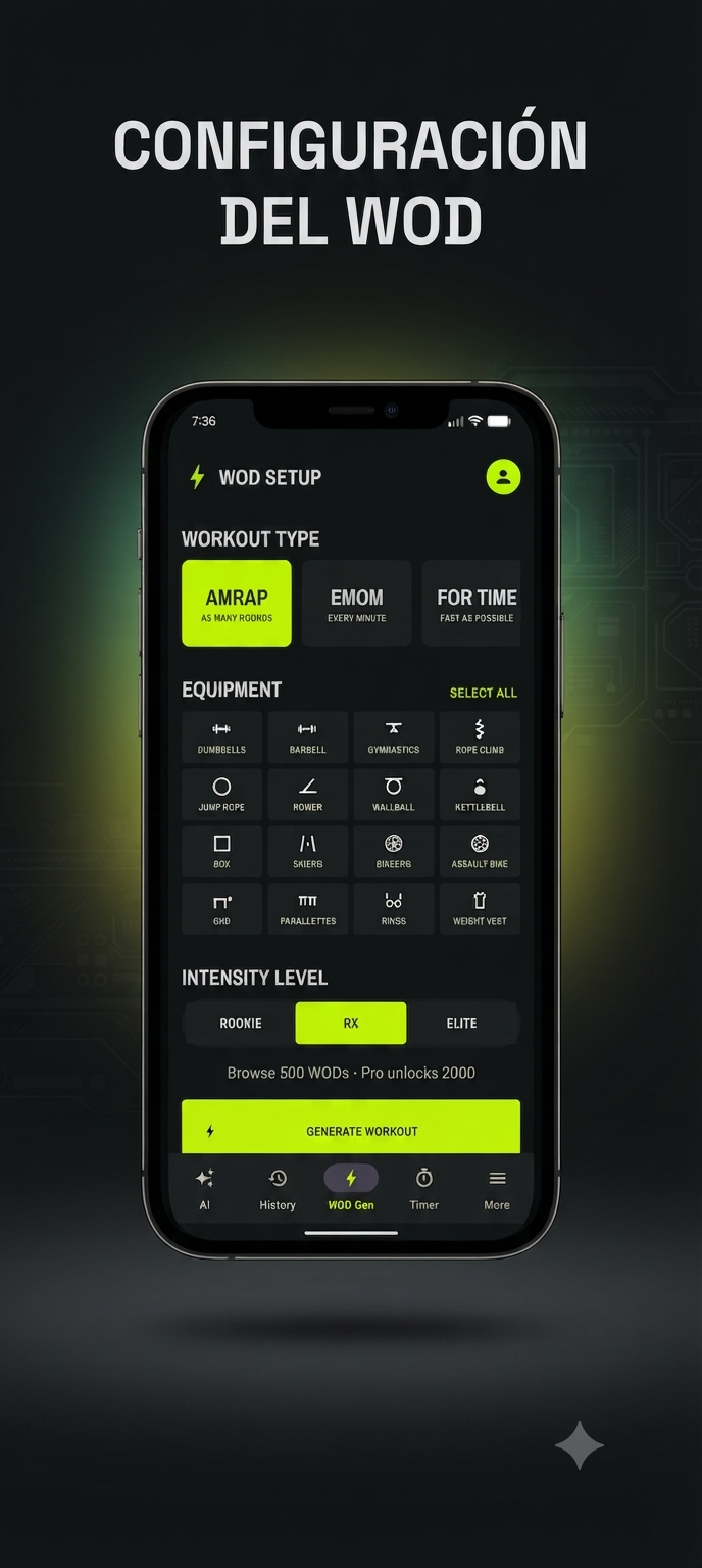 Captura de pantalla de la configuración de WOD en la app WOD Voice Timer, con tipos de entrenamiento y equipamiento