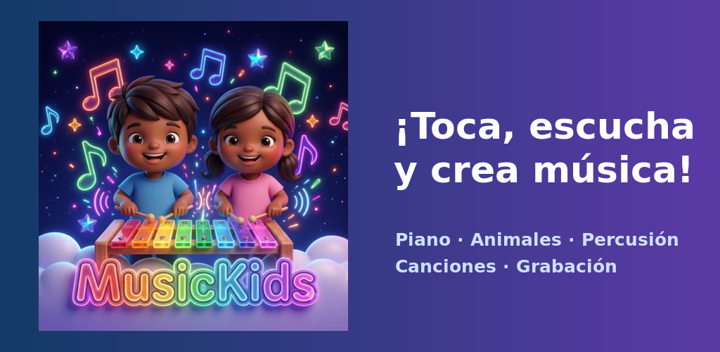Banner de MusicKids: dos niños tocando un xilófono de colores con el lema Toca, escucha y crea música