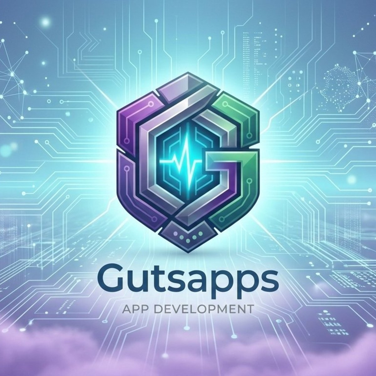 Logotipo de Gutsapps: un escudo hexagonal con circuitos en púrpura, gris y verde sobre un fondo tecnológico