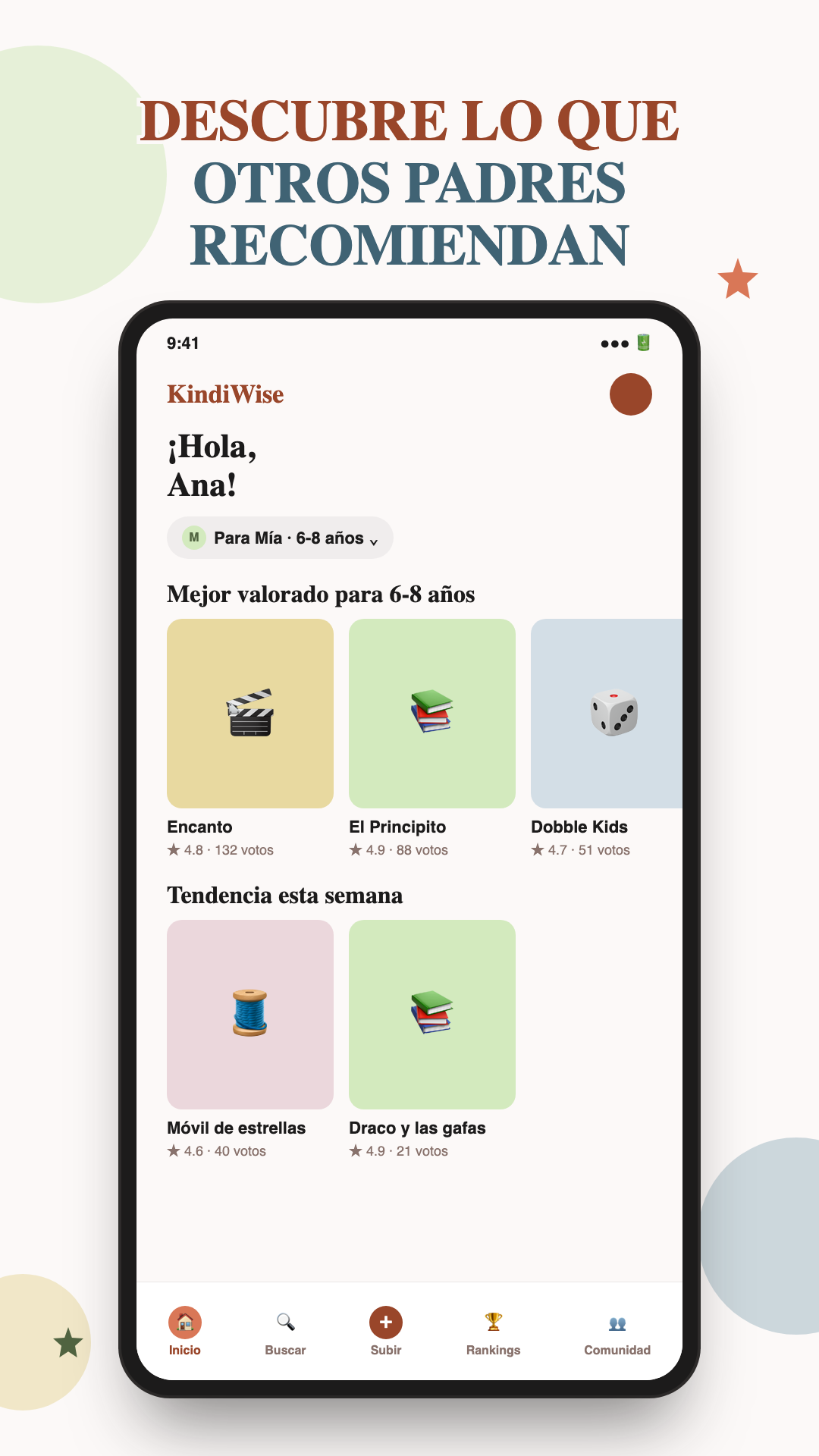 Captura de pantalla del inicio de KindiWise con recomendaciones para cada edad