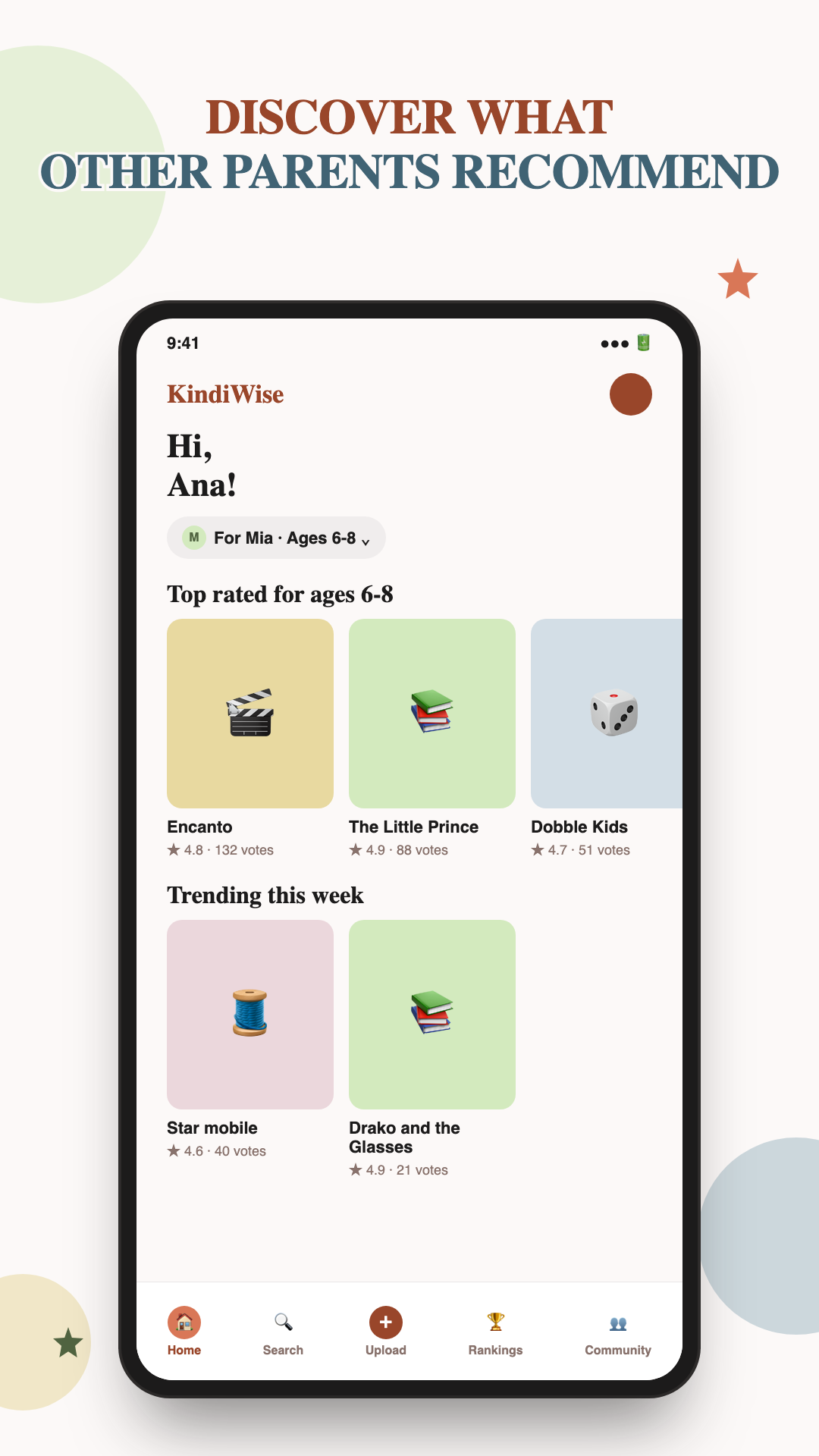 Screenshot of the KindiWise home screen with recommendations for every age
