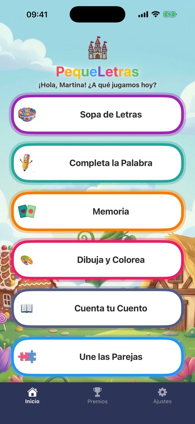 Pantalla de inicio de PequeLetras con los seis juegos: Sopa de Letras, Completa la Palabra, Memoria, Dibuja y Colorea, Cuenta tu Cuento y Une las Parejas