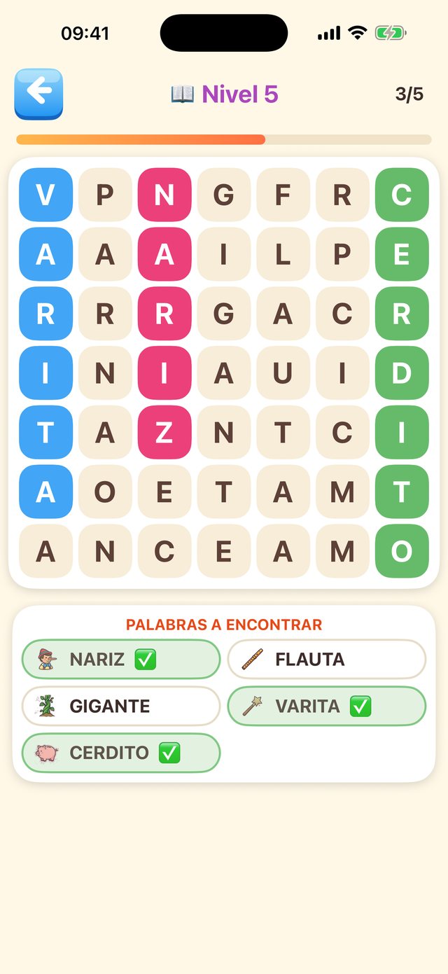 Sopa de Letras de PequeLetras: cuadrícula con palabras encontradas y la lista de palabras con dibujos