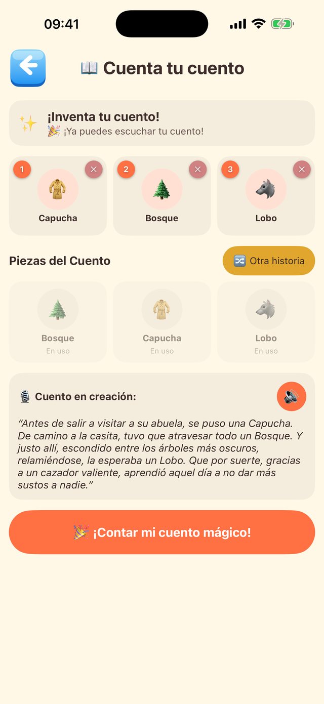 Cuenta tu Cuento en PequeLetras: tres piezas ordenadas y el cuento resultante
