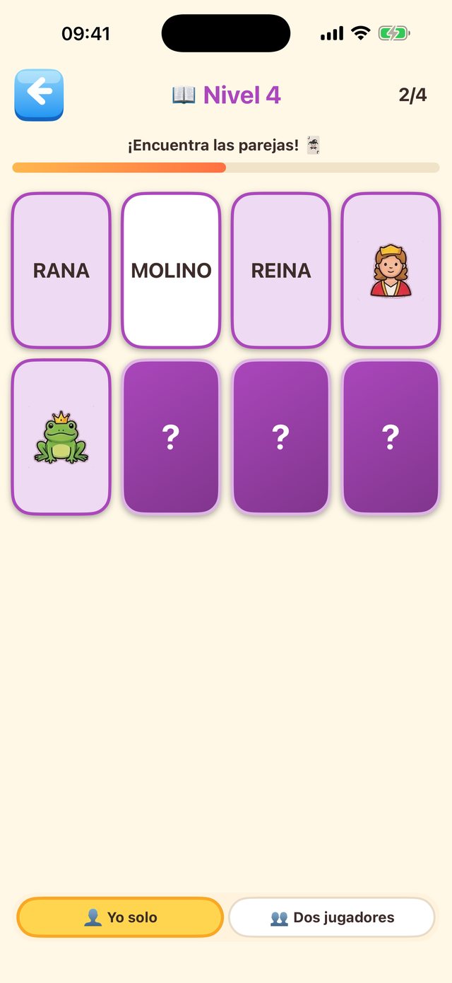Juego de Memoria de PequeLetras: cartas con la palabra y su dibujo, con modo de uno o dos jugadores