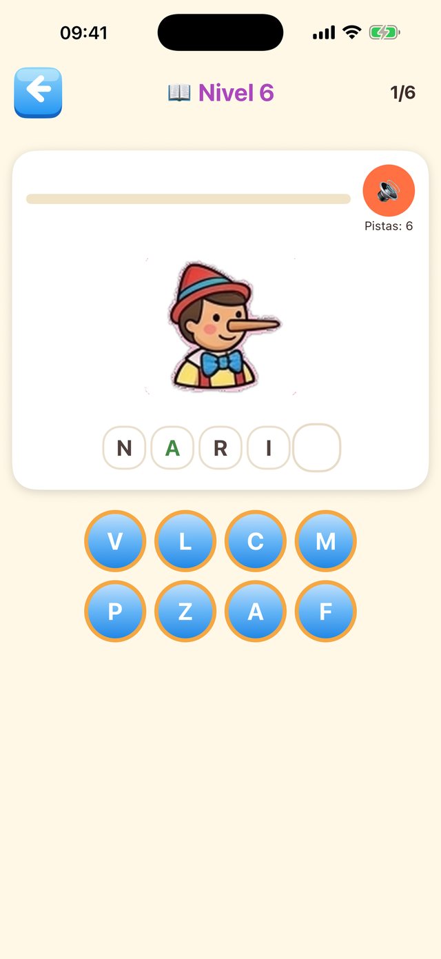 Completa la Palabra en PequeLetras: se completa la palabra NARIZ con la ilustración de Pinocho y las letras en burbujas