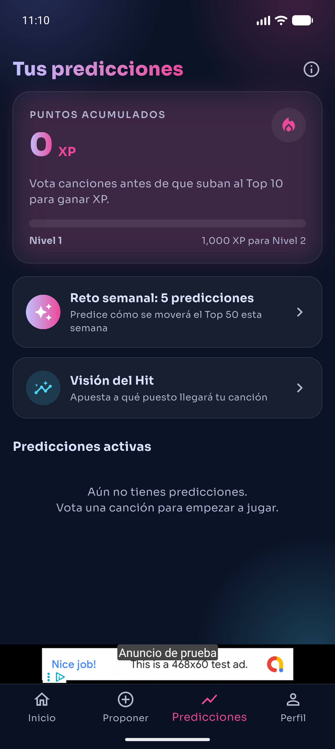 Captura de pantalla de las predicciones y niveles de Toply