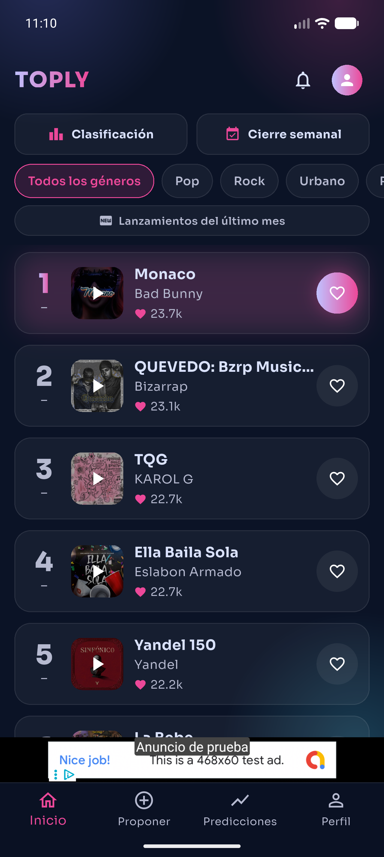 Captura de pantalla del ranking en vivo de Toply con las canciones más votadas
